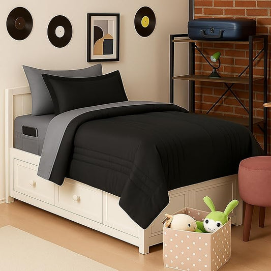 Twin Size Comforter Set Quilted Stripe Bedding Bundle – Comforter, Mattress Protector, Sheets with Pockets on the Side & Built-in Corner Strap – Fitted Sheet Media Pocket for Devices, Black/Charcoal