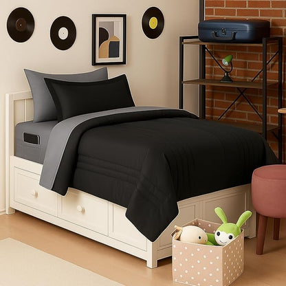 Dorm Room Essentials Twin XL Comforter Set Bedding – Bundle with Comforter, Mattress Protector & Sheets with Pockets on the Side & Built-in Corner Strap – Media Pocket for Devices