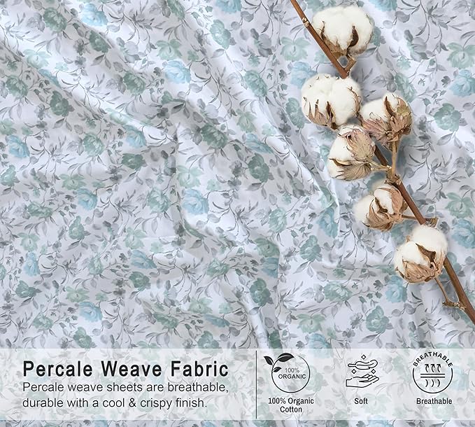 RUVANTI 100% Organic Cotton Sheets California King, Percale Weave, GOTS Certified, 4-Piece Set, Deep Pocket 13", Crisp & Breathable, Soft Durable Bedding, Sábanas Algodón Orgánico – Cold Chrysanthemum