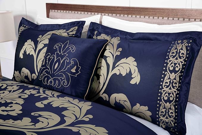 Chezmoi Collection Royale 7-Piece Jacquard Floral Comforter Set, Oversized Queen, Navy/Gold