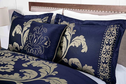 Chezmoi Collection Royale 7-Piece Jacquard Floral Comforter Set, Oversized Queen, Navy/Gold