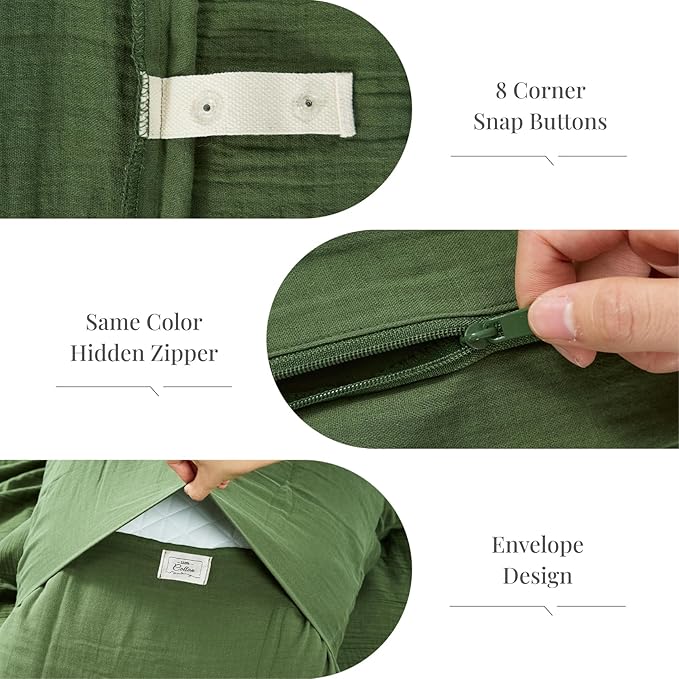 Green Duvet Cover King, 100% Sandwashed Cotton Soft King Size Duvet Cover Set 3 Pieces with Zipper Clousre & Corner Buttons (Green, King 104 x 90)