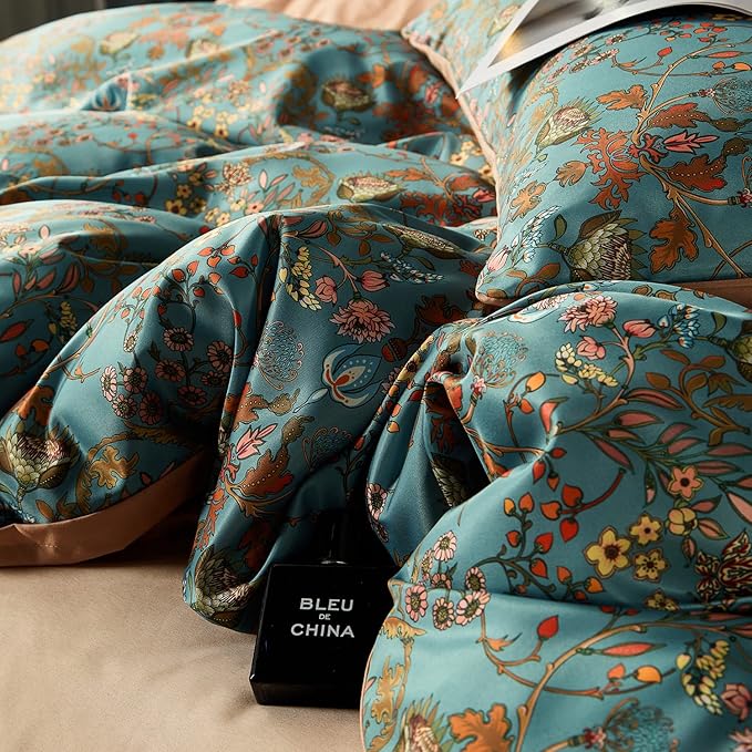 Vintage Style Duvet Cover Set,5 PCS Boho Comforter Cover Set,Paisley Floral Bedding Set,Green Floral Duvet Cover,King Duvet Cover,Soft Reversible Design(Autumn,King/California King)
