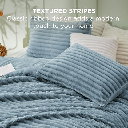 Bedsure Twin/Twin XL Size Comforter - GentleSoft™ 2 Pieces Double-Side Fleece Fluffy Mineral Blue Comforter Set, Cozy Striped Room Decor Aesthetic Luxury Twin Bedding Sets, 1 Pillowcase, 68x88 Inches