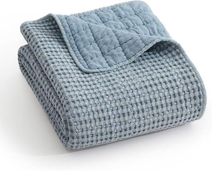 Levtex Home Mills Waffle Full Bedspread Set (100x104in) with 2 Pillow Shams (26x20in) - Chambray - Cotton Waffle Full Size Bedspread Set - Lightweight, Soft, Pre-Washed