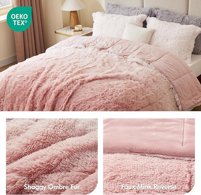 Intelligent Design Brielle, Long Shaggy Faux Fur Comforter Set, Plush Reverse, Trendy Ombre Design, Modern, Cozy All Season Bedding, Matching Sham, King/Cal King(104"x90") Blush 3 Piece