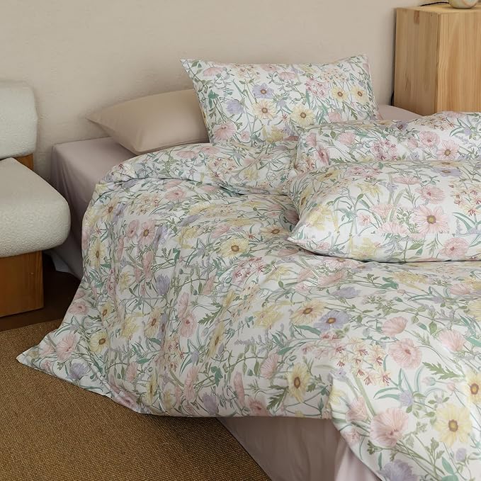 Floral Full Comforter Sets Cotton Fluffy Bedding Set Lightweight Vintage Down Alternative Girly Bedding Comforter Sets Chic 3 Piece Boho Farmhouse Bed Comforter with 2 Pillowcases