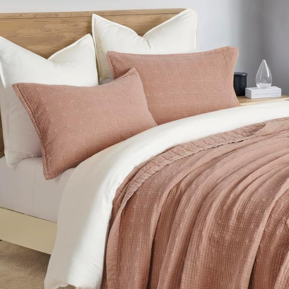 EVERGRACEHOME Stonewashed Cotton Quilt Set King Size, Ultra Soft Oversized Bedspread Coverlet Set, Lightweight Crinkle Box Stitch Bedding Sets for All Season, with 2 Shams, Terracotta Clay
