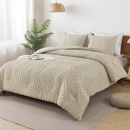 Andency Light Khaki Comforter Set King Size, Boho Soft Warm Tufted Bedding Comforter Sets for King Size Bed, 3 Pieces Aesthetic Chevron Farmhouse Cute Bohemian Textured Bedding Set