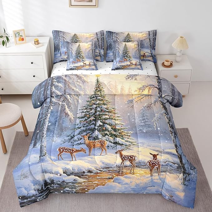 Winter Jungle Elk Deer Comforter Set Bed in a Bag 7 Pieces Queen,Merry Christmas Theme Bedding Set,Vintage Farmhouse Style (Comforter+Fitted+Flat Sheet+2 Pillowcases+2 Throw Pillow Covers)