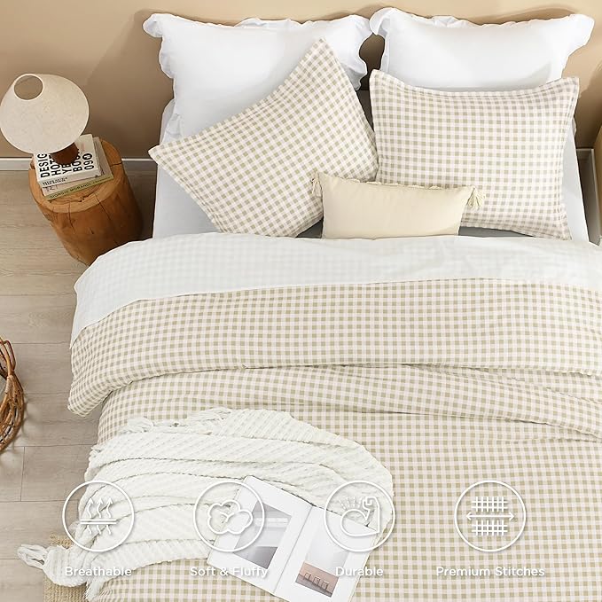 Andency Beige Gingham Comforter Set Queen(90x90Inch), Cream Checkered Grid Plaid Buffalo Bed Set for Girls Boys Kids Teens, 3 Pieces Lightweight Polyester Geometric Preppy Bedding
