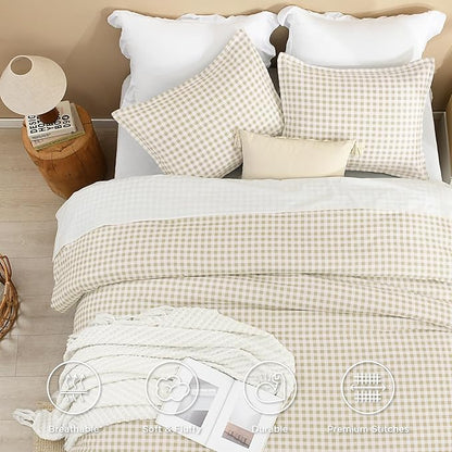Andency Beige Gingham Comforter Set Twin(66x90Inch), Cream Checkered Grid Plaid Buffalo Bed Set for Girls Boys Kids Teens, 2 Pieces Lightweight Polyester Geometric Preppy Bedding
