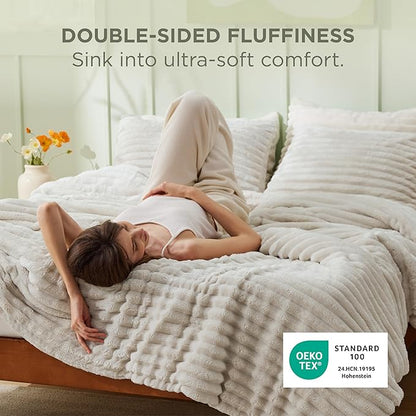 Bedsure Full Size Comforter Sets - GentleSoft™ 3 Pieces Double-Side Fleece Fluffy Linen Comforter Set, Cozy Striped Room Decor Aesthetic, Luxury Full Size Bedding, 2 Pillowcases, 82x86 Inches