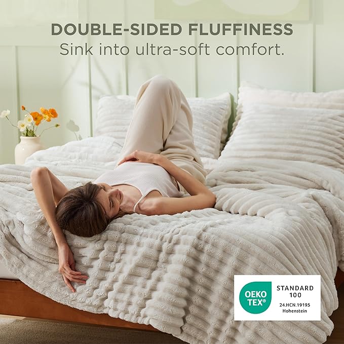 Bedsure Cal King Comforter Set - GentleSoft™ 3 Pieces Double-Side Fleece Fluffy Linen Comforter Set, Cozy Striped Room Decor Aesthetic, Luxury Cal King Bedding, 2 Pillowcases, 104x96 Inches