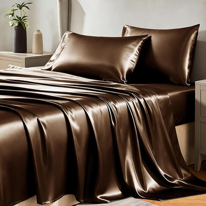 CozyLux Satin Sheets King Size Sheet Set - 4 Piece Silky King Sheets, Luxury Brown King Bed Set with Smooth and Soft Microfiber, Includes 1 Fitted Sheet, 1 Flat Sheet and 2 Pillowcases