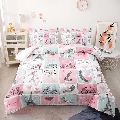 Pink Eiffel Tower Comforter Set Full Paris Theme Bedding Sets 3PCS for Kids Teen Adult Girl Room Decor Ultra-Soft Lightweight Microfiber 1 Comforter with 2 Pillowcases