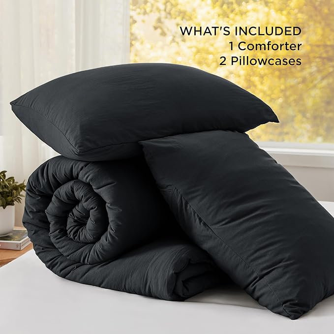 Bedsure Oversized Queen Comforter Set, Black Soft Prewashed Bedding for All Seasons, 3 Pieces GentleSoft™ Bed Set, 1 Lightweight Comforter (98"x98") and 2 Pillowcases (20"x26")
