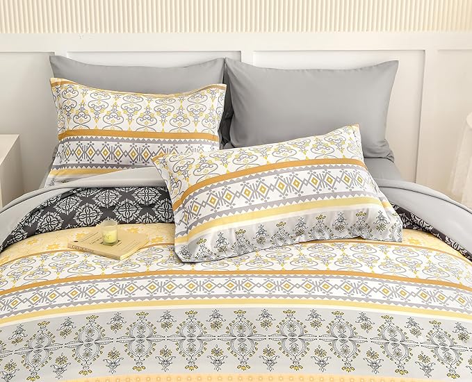 WONGS BEDDING Boho Comforter Set King Size,7 Pieces Bed in a Bag Bohemian Striped Bedding Set,Yellow Paisley Floral Comfortet and Sheet Set,Soft Microfiber Bedding Sets for All Season