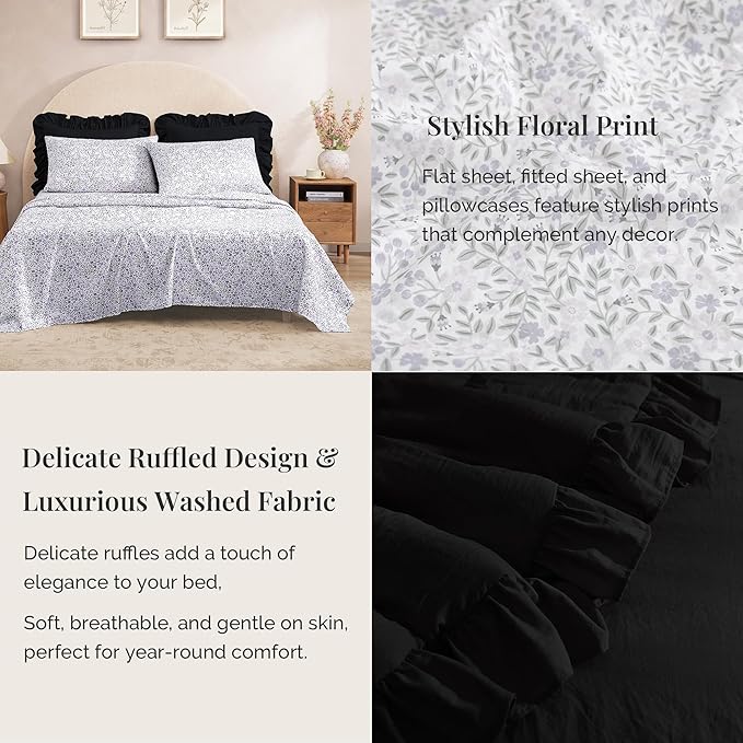 Full Comforter Set - 7 Pieces Ruffle Black Bedding Sets, Shabby Chic Farmhouse Bed in a Bag Full with Ruffle Comforter, Floral Sheets, Pillowcases & Shams