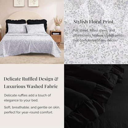Full Comforter Set - 7 Pieces Ruffle Black Bedding Sets, Shabby Chic Farmhouse Bed in a Bag Full with Ruffle Comforter, Floral Sheets, Pillowcases & Shams