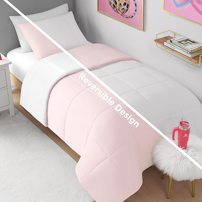 Juicy Couture Reversible Box Stitch Comforter Set, 2-Piece Twin/Twin XL – Pink Marshmallow/White – Glam Bedding Set