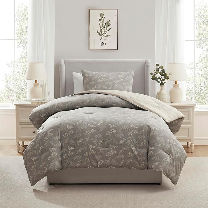 Nestl Twin/Twin XL Comforter Set - Grey Bed in a Bag Twin, 2 Pieces Reversible Bed Set, Soft Floral Bedding Set for College Dorm, All Season Botanical Comforters with Pillow Sham