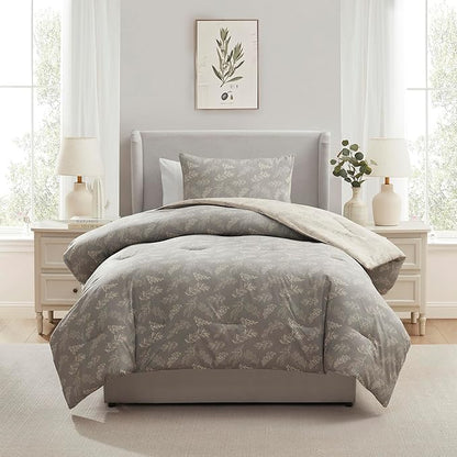 Nestl Twin/Twin XL Comforter Set - Grey Bed in a Bag Twin, 2 Pieces Reversible Bed Set, Soft Floral Bedding Set for College Dorm, All Season Botanical Comforters with Pillow Sham