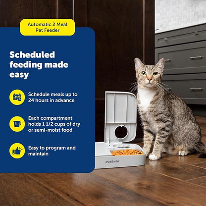 PetSafe Automatic 2 Meal Pet Feeder | Slow Feed Portion Control, Dial Timers Schedule 2 Automatic Meals in 30-Min Steps, Each Compartment Holds up to 1.5 Cups