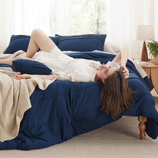Bedsure Navy Blue Oversized King Size Comforter Set - 4 Pieces Pinch Pleat Bed Set, Down Alternative Bedding Sets for All Season, 1 Comforter, 2 Pillowcases, 1 Decorative Pillow