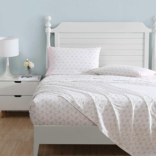 Laura Ashley - Queen Sheet Set, Crisp & Cool Cotton Percale Bedding with Deep Pockets, Lightweight for Year Round Comfort, Bed Sheets with Matching Pillowcases (Lynda Pink)