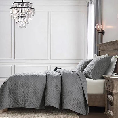 R.SHARE Dark Grey Queen Size Quilt Bedding Sets with Pillow Shams, Boho Full Lightweight Soft Bedspread Coverlet, Quilted Blanket Thin Comforter Bed Cover for All Season, 3 Pieces, 90x90 inches