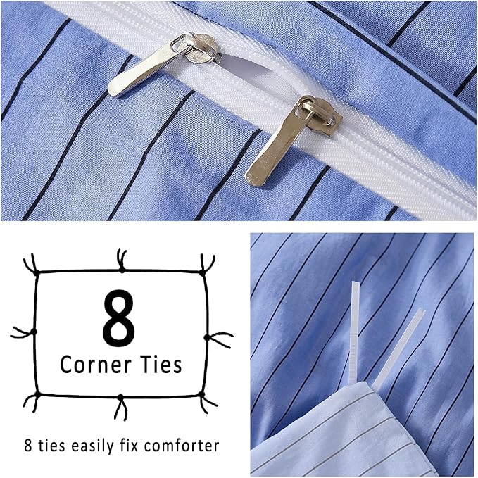 Merryword Blue Striped Duvet Cover Set King Size, 100% Cotton Denim Blue Bedding Set with Zipper Closure & 8 Corner Ties, Luxury Linen Like Bedding, Soft Breathable Comforter Cover for All Seasons