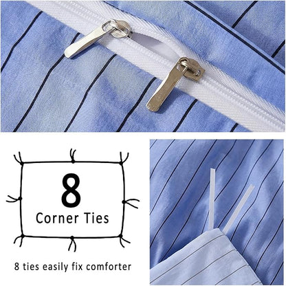 Merryword Blue Striped Duvet Cover Set Queen Size, 100% Cotton Denim Blue Bedding Set with Zipper Closure & 8 Corner Ties, Luxury Linen Like Bedding, Soft Breathable Comforter Cover for All Seasons