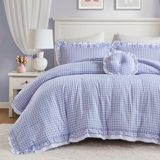 Intelligent Design Rowena Full Comforter Set – Blue Gingham Ruffled Bedding, Vintage Farmhouse Style, Reversible All Season 4-Piece Bedding Set, Full/Queen, Gift for Her