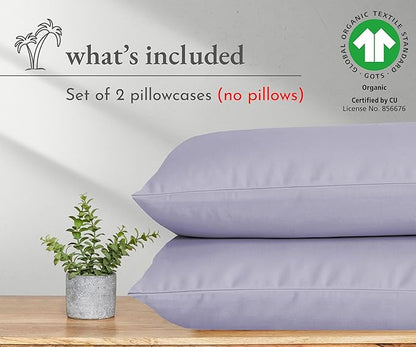 California Design Den 100% Organic Cotton Standard/Queen Size Pillow Cases Set of 2 - Soft & Crisp Percale Pillow Cases, Fits Standard & Queen Pillows - Lavender Mist