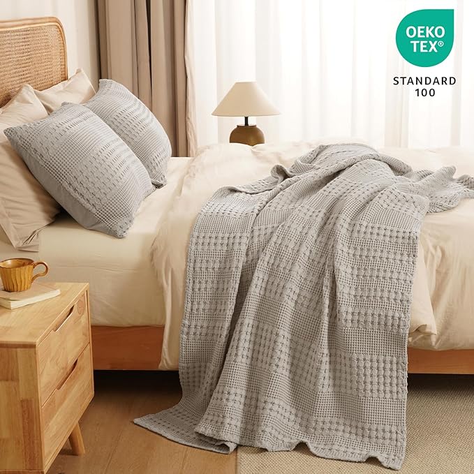 PHF 100% Cotton Waffle Weave Throw Blanket, Soft Lightweight Breathable Cozy Throws for Couch Bed Sofa, Luxury Aesthetic Blanket Gift for Home Decor & Office, 50"x60", Pearl Gray