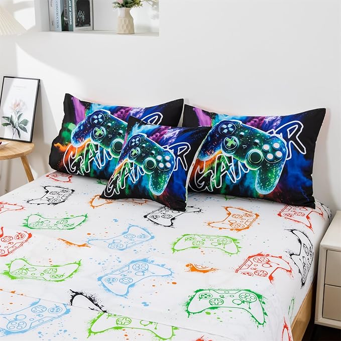 Aimuan Gamer Gaming Bedding Sets 3D Gamepad Comforter Sets for Boys Games Console Action Buttons Novelty Colorful Game Controller Modern Room Decor Home Quilt Set (Black-Green, Queen 6Pcs)