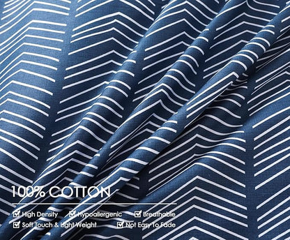 SLEEPBELLA Navy and White Duvet Cover Set, 100% Cotton Bedding, Chevron Geometric Pattern, with Button Closure (3pcs, Queen Size)