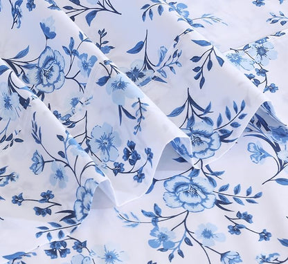 RUVANTI 100% Cotton Sheets – Full Size Percale Bedding, Cooling & Breathable Floral Design, Durable with a Crisp, Soft & Comfortable Feel, 16" Deep Pocket, 4-Piece Set, Annual