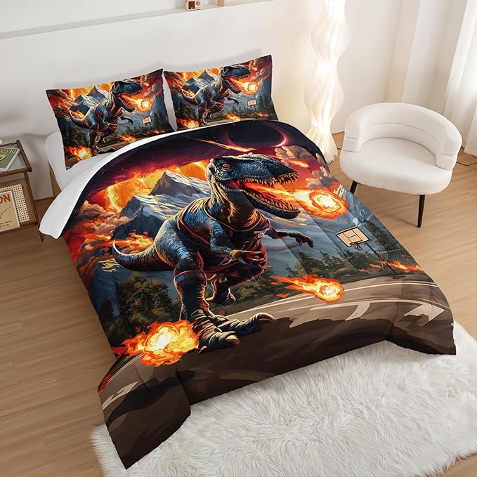 Kids Fun Dinosaur 3 Piece Bedding Set Full Size,Cartoon Dinosaur Fireball Comforter Set for Boys Girls Teens Room Decor, Animal Themed Bed in a Bag with 2 Pillowcases.