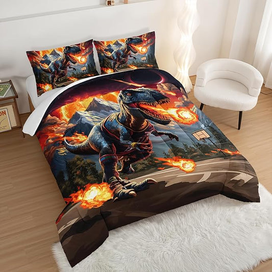 Kids Fun Dinosaur 3 Piece Bedding Set King Size,Cartoon Dinosaur Fireball Comforter Set for Boys Girls Teens Room Decor, Animal Themed Bed in a Bag with 2 Pillowcases.