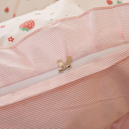 HighBuy Full Comforter Set Strawberry Print Comforter Cozy Soft Ruffled Bedding Set White Pink Cute Girl Bedding Comforter Set Full Bed Set Fluffy 1 Ruffle Comforters with 2 Pillowcases