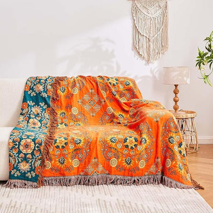 Boho Throw Blanket 100% Cotton Ultra Soft Luxury Throw Rustic Quilt 50"x60" Floral Printed Farmhouse Decor Bed Summer Blankets All Season Rustic Reversible Bohemian Throw for Bed Orange