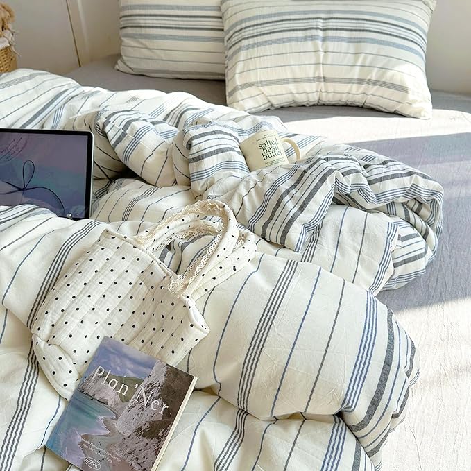 EAVD Retro Blue&Grey Striped Comforter Set King Soft Cotton 3-Piece Vintage Bedding Set with 2 Pillowcases Boho Vertical Stripes Geometric Comforter Set for All-Season Breathable Lightweight