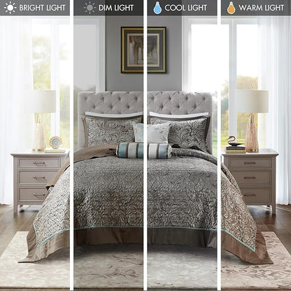 Madison Park Aubrey Reversible Quilted Bedspread Set, Solid Reverse Summer Breathable, Lightweight All Season Bedding Layer, Matching Shams, Bedspread Queen(102"x118"), Blue 5 Piece