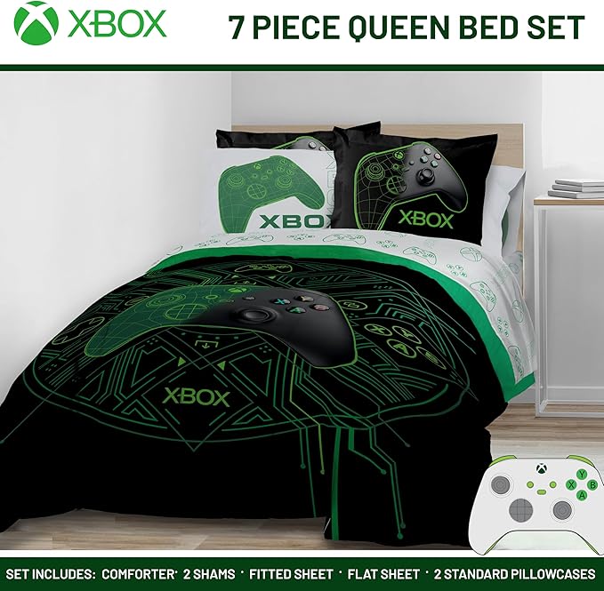 Jay Franco Kids Comforter Set Includes Sheets and Pillow Covers - Soft and Cozy Bed Set for Stylish Room Decor, Official Licensed Product, White - Xbox, 7 Piece Queen