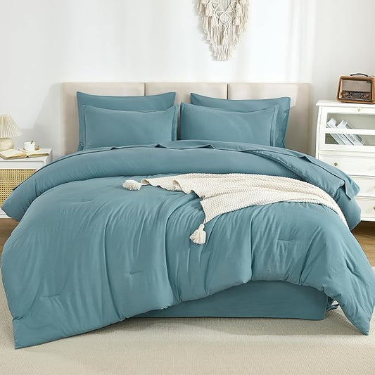 Litanika California King Comforter Set Grayish Teal - 7 Pieces Bed in a Bag Cal King Bedding Comforter Sets, Plain Lightweight Bed Set with Comforter, Sheets, Pillowcases & Shams