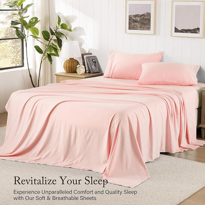 ROSE&RISY Pink Sheets Queen Sheet Set, Pre-Washed Cotton-Like Brushed Microfiber, 4 Pcs Super Soft Breathable Cooling Bed Sets,Includes 1 Fitted, 1 Flat, 2 Pillowcases (Pink, Queen)