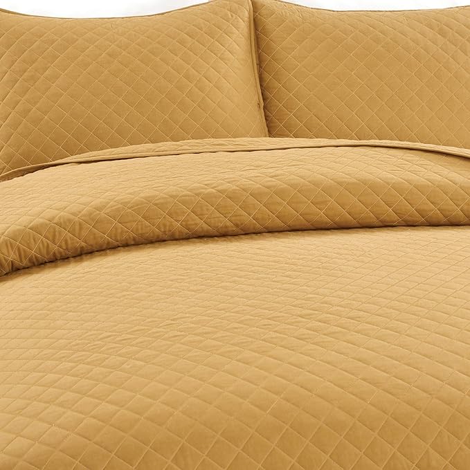 Lush Decor Ava Quilt Diamond Pattern Solid 3 Piece Oversized Bedding Blanket Bedspread Set - Full/Queen - Mustard