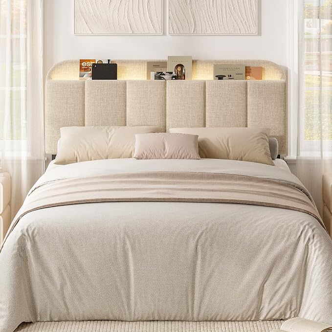 Headboard for Full/Queen Size with LED Light, Upholstered Bed HeadBoard with Storage, Linen Fabric Head Board with Vertical Channel Design, Height Adjustable, Easy to Assemble, Beige